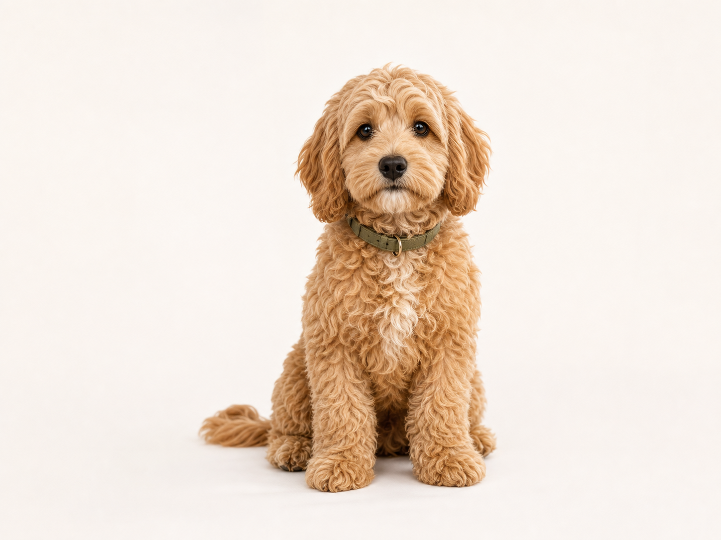 A curly golden dog wearing a muted sage collar and looking at the camera