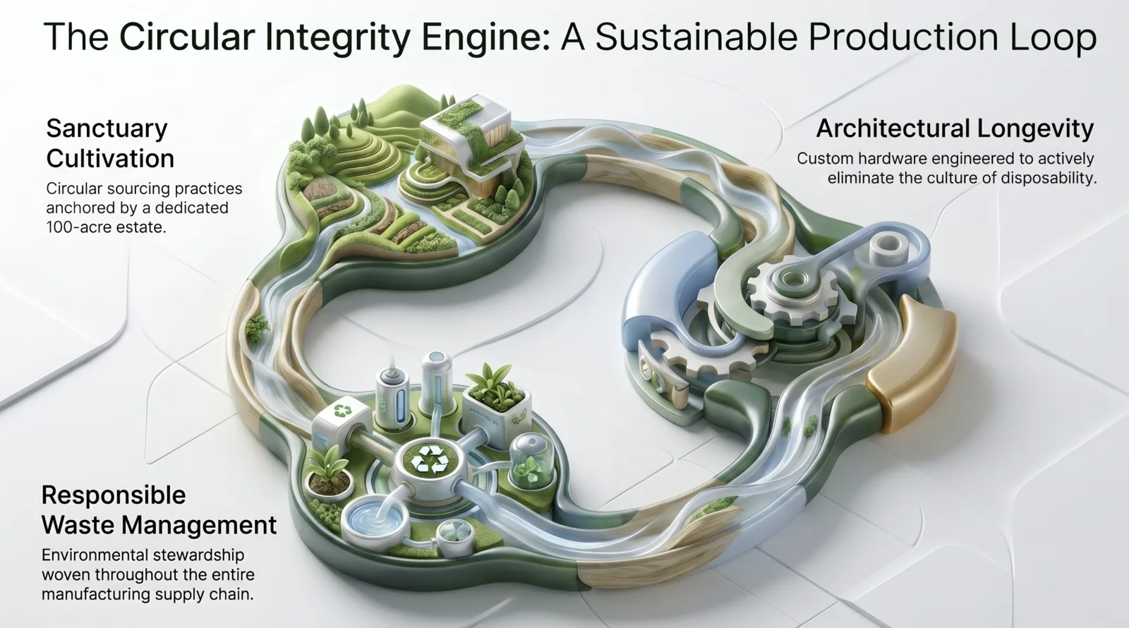 The Circular Integrity Engine sustainable production loop showing sanctuary cultivation, architectural longevity, and responsible waste management.