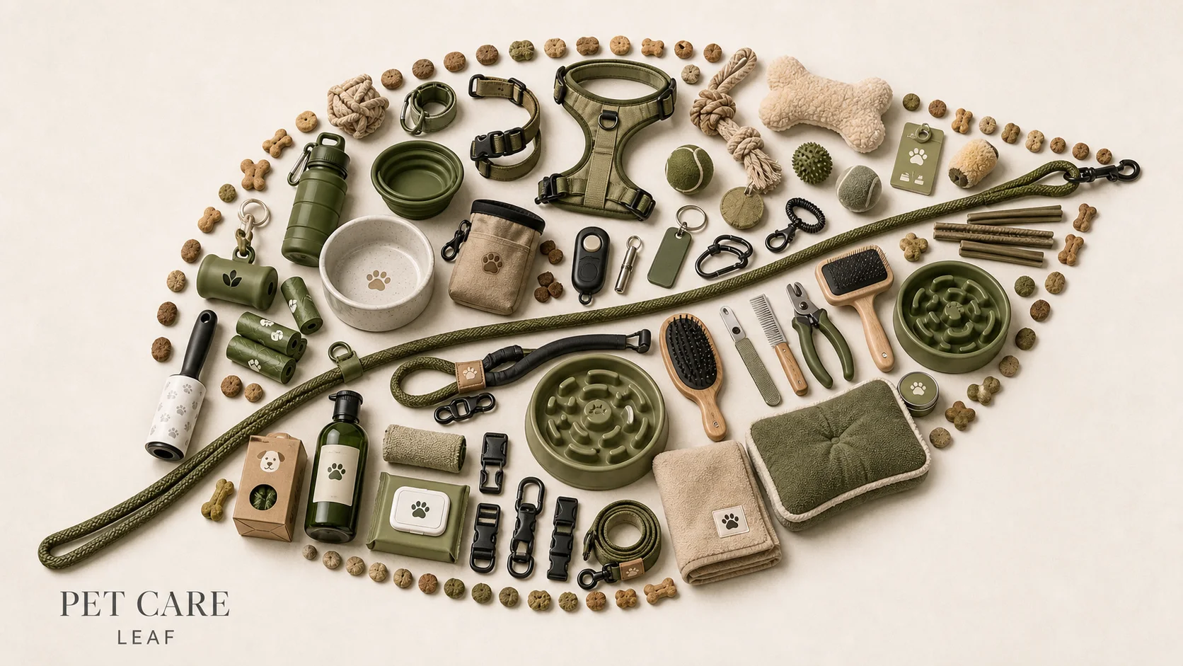 Pet care products arranged in a leaf shape with olive and natural material tones.