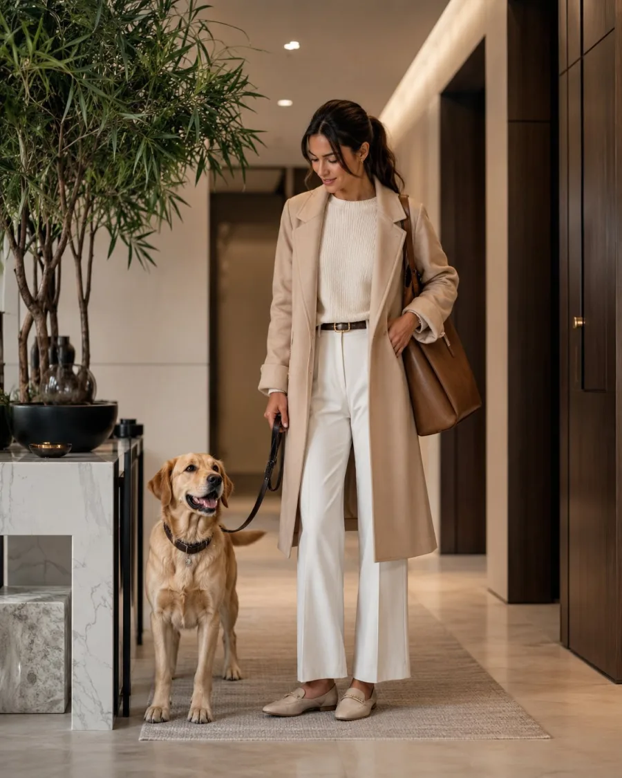 A refined lifestyle scene with a dog and quiet luxury pet gear.