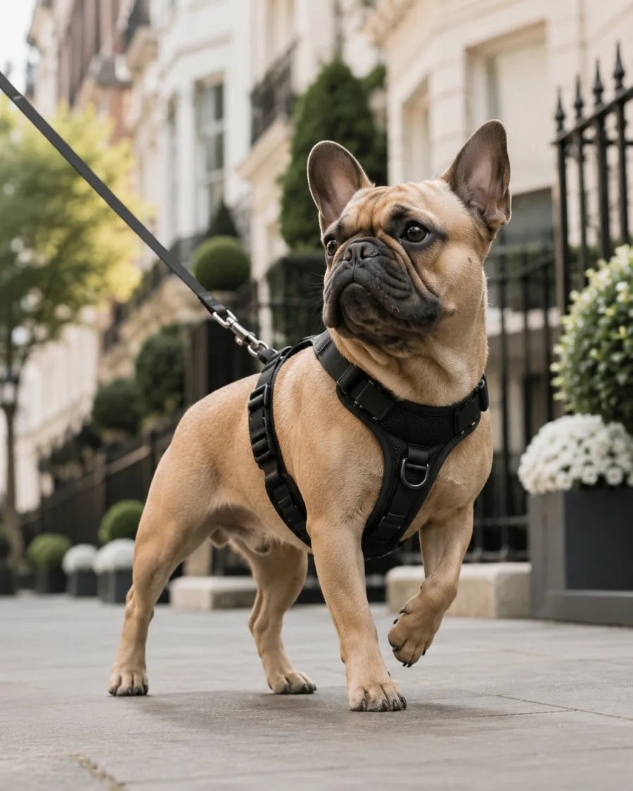 A dog wearing a refined black harness on a city walk.