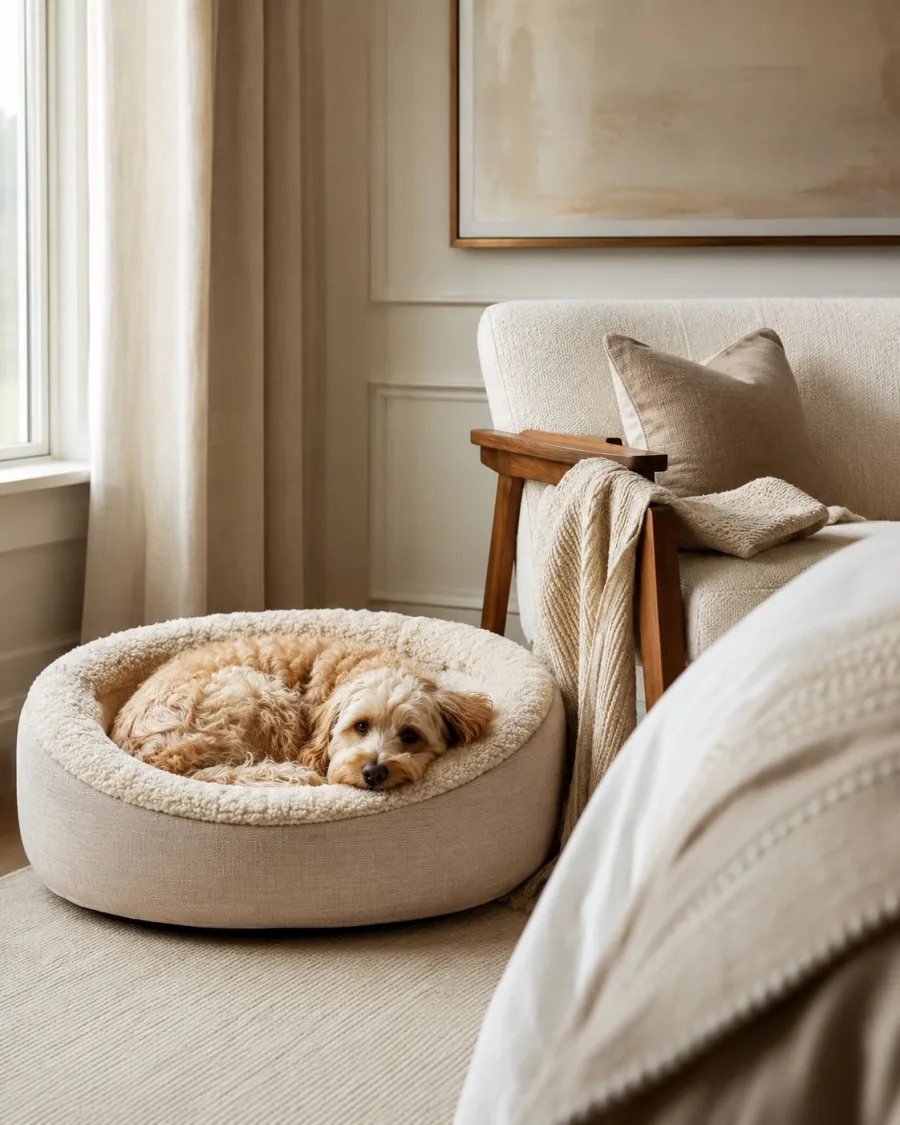 A dog relaxing on a refined bed in a warm modern living room.