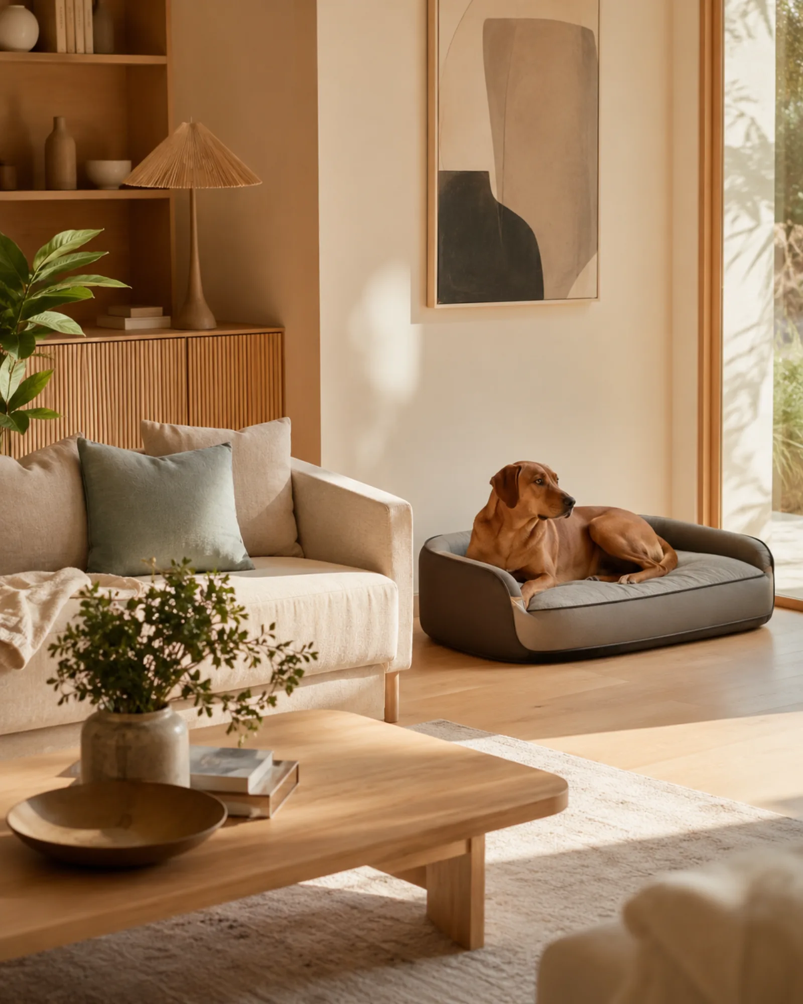 A quiet luxury interior with a dog resting in a refined pet bed.