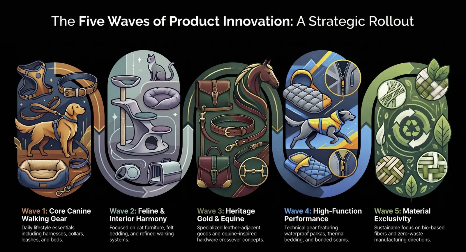 The five waves of product innovation shown as illustrated product category panels.