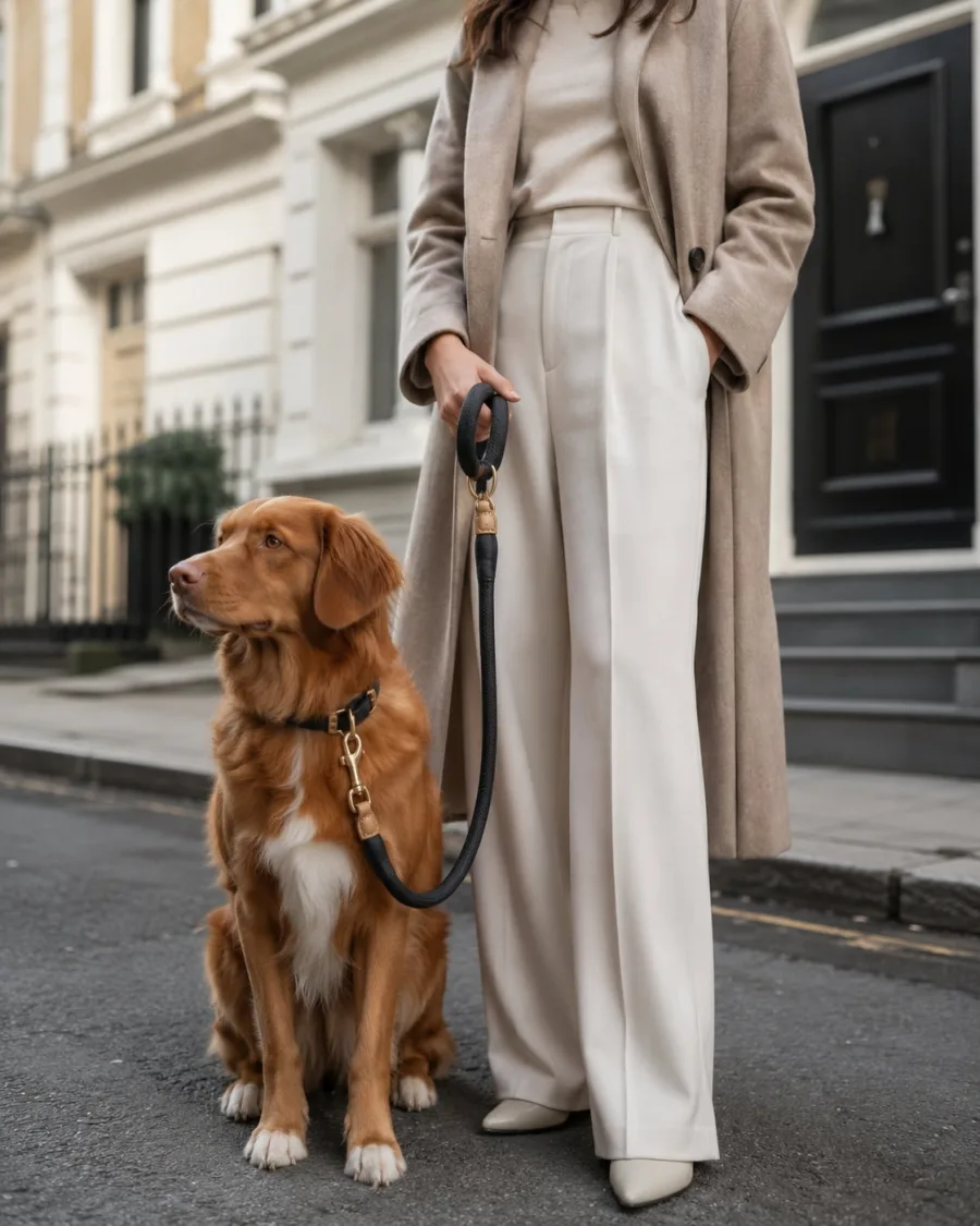A premium leash system in an elegant outdoor walking scene.